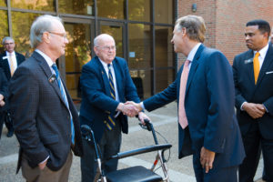 Joe Johnson greets Gov. Bill Haslam at a 2016 Board of Trustees meeting